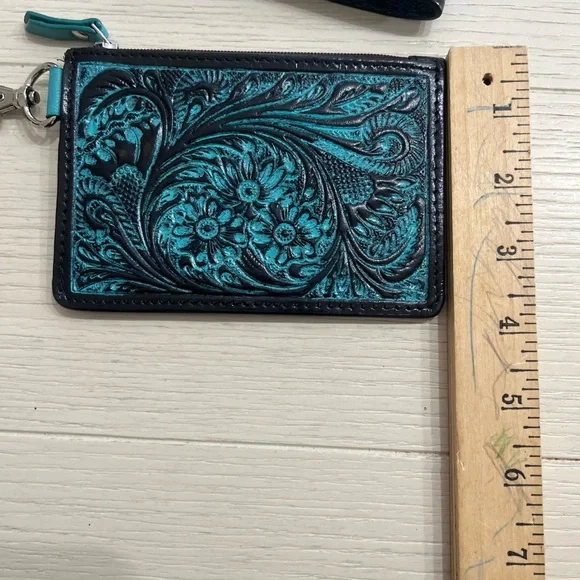 Unique Leather Card Wristlet Turquoise & Black Tooled Leather - Picture 7 of 8